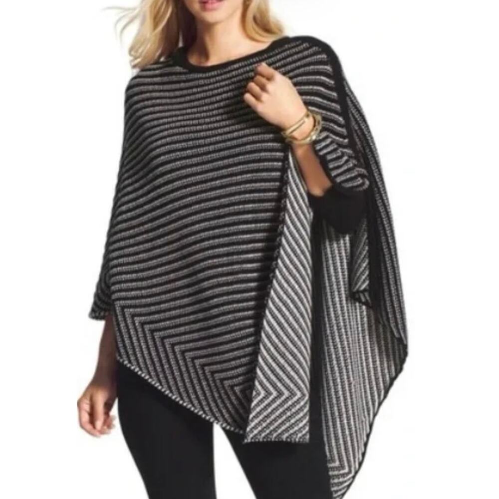 Chicos Striped Knit Poncho Black White Sweater One Size Cotton Open Oversized